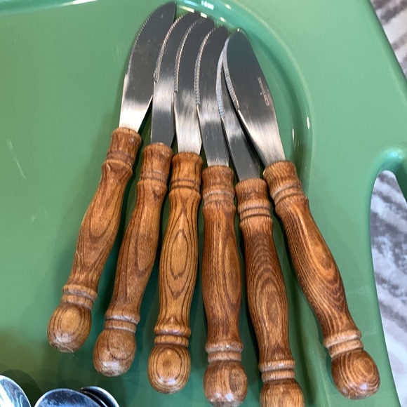 VTG MCM Taiwan stainless steel wood Utensils fork spoon knife 36 pc silverware - Picture 5 of 9